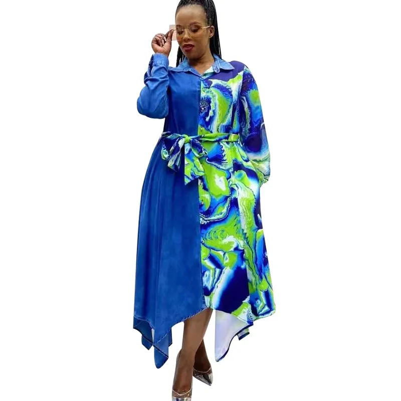 

African Dresses For Women 2022 Spring Autumn Africa Clothing Dashiki Denim Asymmetrical New Style Dress Fashion Africaine Femme