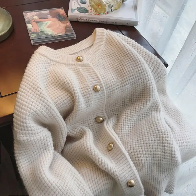 Кардиган женский вязаный свитер с круглым вырезом свободный простой однотонный