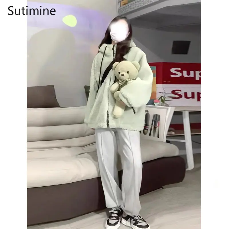 Winter Coat Women Office Lady Hooded Thickened Plush Coat Women's Korean Loose Cotton Padded Jacket Spliced Pockets Winter Coat