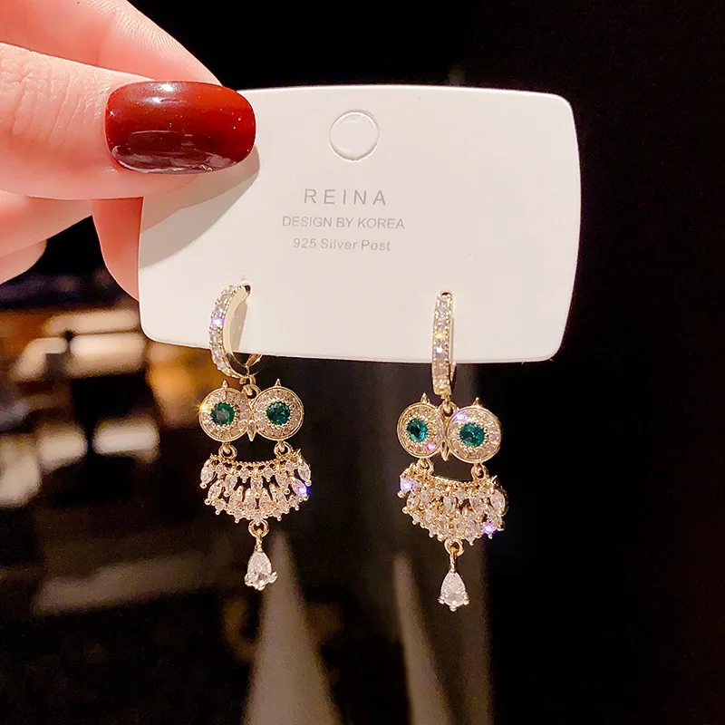 Retro Owl Super Glitter Diamond-encrusted Ladies Fashion Temperament Earrings 2022 Korean New Style 925 Silver Needles