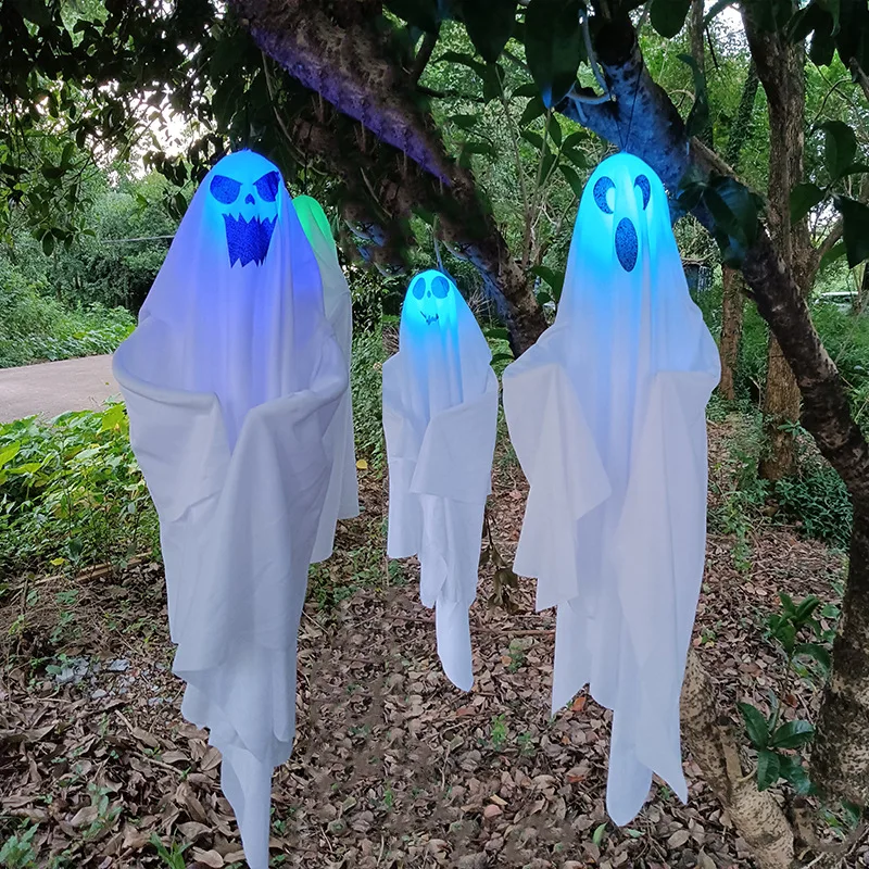 

3PCS Halloween White Ghost Pendant glow in the dark Tri-color fade Courtyard layout Venue Layout Horror Props party decoration
