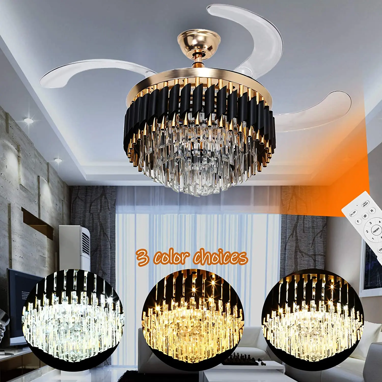 Купи Ridgeyard 42" Crystal Ceiling Lamp Fan Light LED 3 Color Setting Chandelier with 4 Invisible Retractable Blades Remote Control за 8,975 рублей в магазине AliExpress
