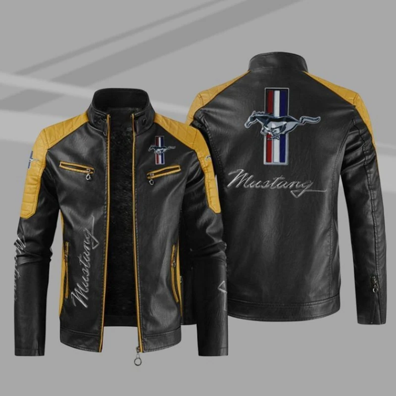 

Leather Jacket Mustang Logo Men Winter Fleece Motorcycle PU Leahter Jacket Male Stand Collar Casual Windbreaker Ropa De Hombre