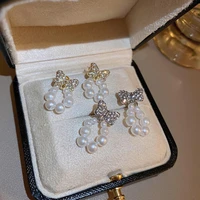 diamond studded bow pearl earrings new elegant light luxury all match pearl and diamond stitching drop earrings jewelry gift