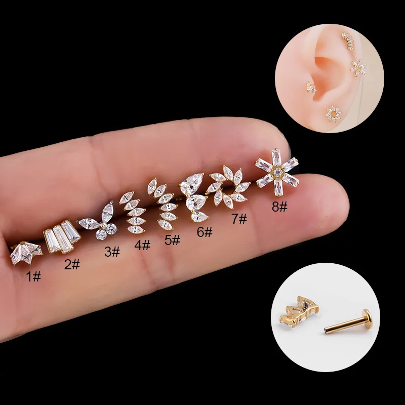 

G23 Titanium Piercing Labret Studs Internal Thread Piercing CZ Crown Butterfly Lip Stud Earring Cartilage Tragus Body Jewelry