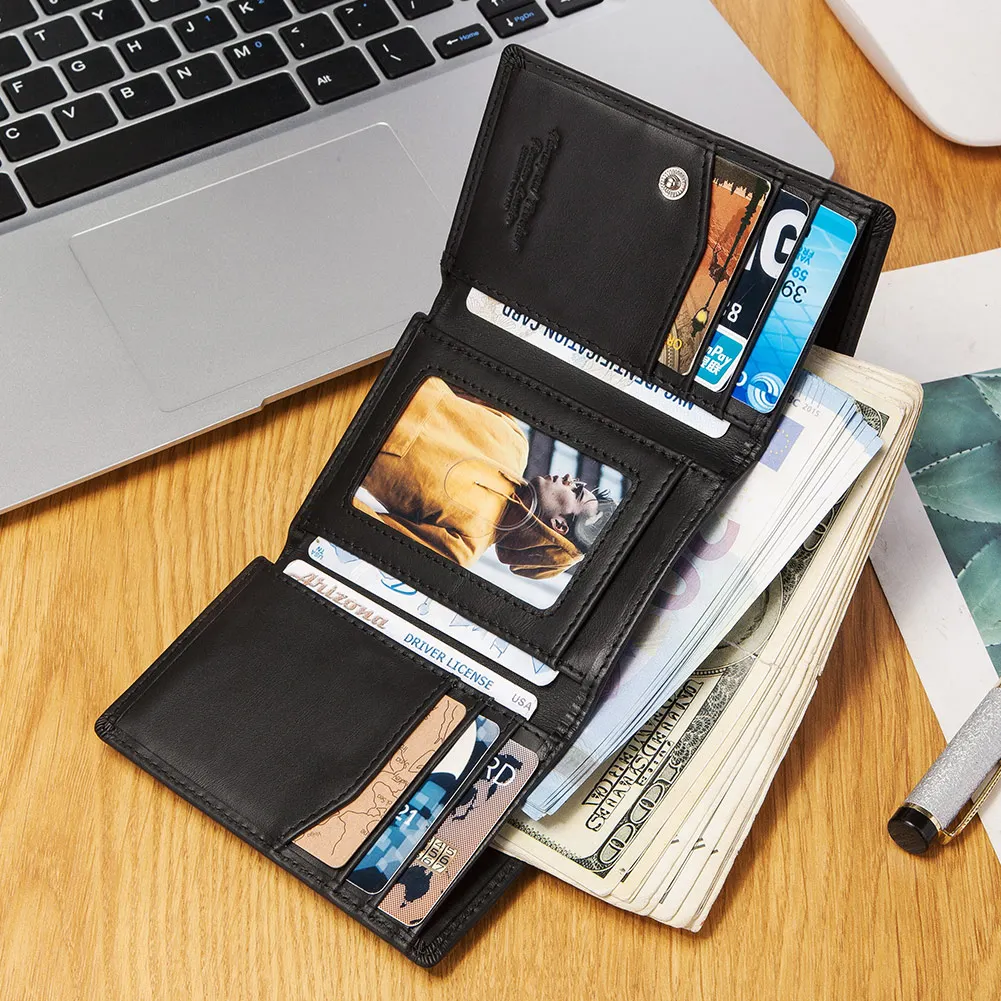 

Slim Wallets for Men with Zipper Coin Pocket Trifold Leather Card Holder Purse Small Male Clutch Money Bag RFID Short Carteiras