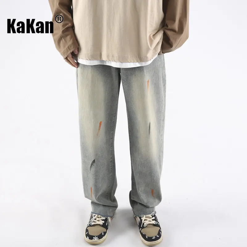 Kakan - Spring/Summer New Vintage Washed Old Jeans Men's Wear, Straight Loose Lacquered Long Jeans K024-LQS931