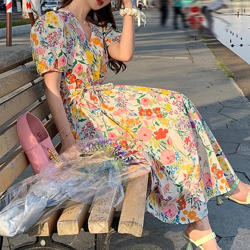 

Vintage Floral V-neck Short Sleeve Long Dress 2023 French New Women's Clothes Summer Lace-up Belt High Waisted Loose Dress 27240