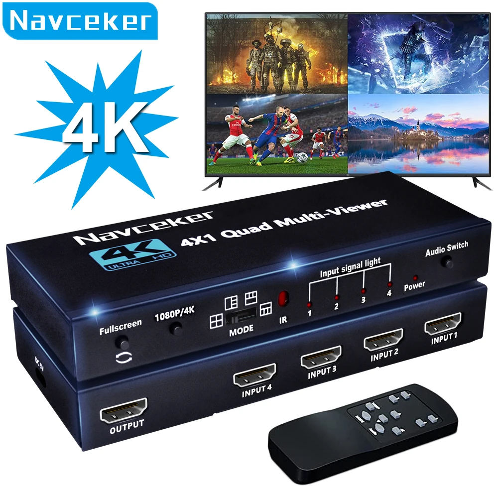 

Navceker KVM HDMI-compatible Multiviewer 4K 4 In 1 Out 1080P Quad Screen Multi Viewer HDMI Multi-Viewer Seamless Switch with IR