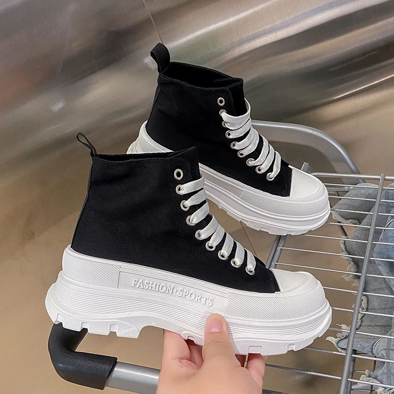

2022 Casual High Top Canvas Shoes Women Round Toe Lace Up Flat Women's Sneakers Thick Sole Outdoor Running Designer Shoes Mujer