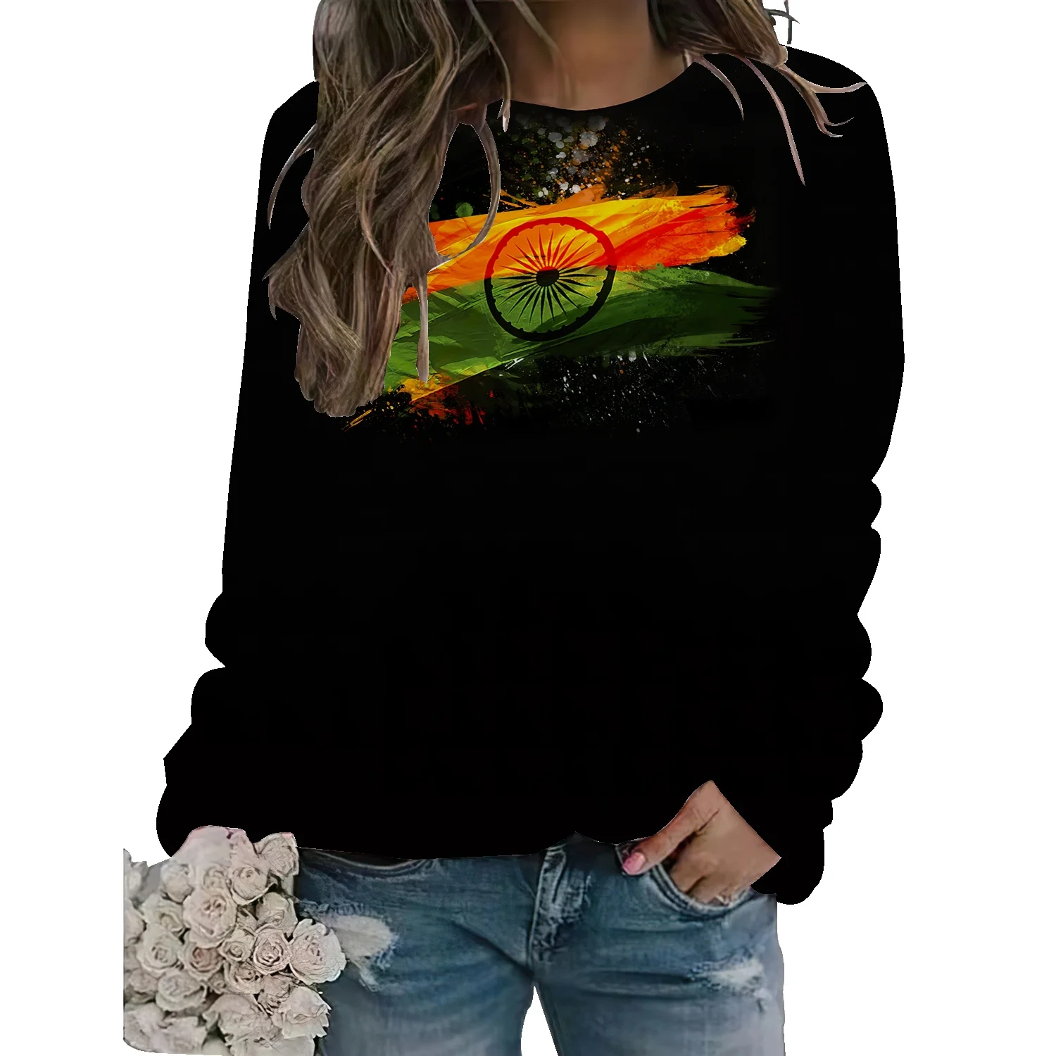 

European and American style oversize street black war round neck sweater women's autumn thin loose top couple wear