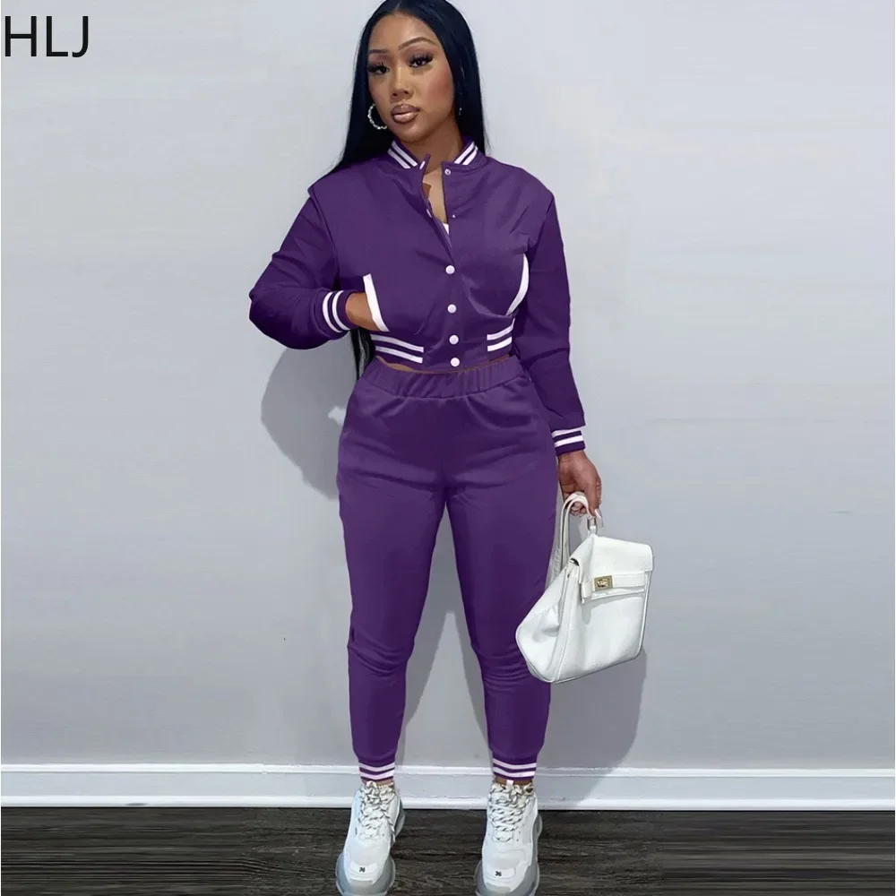 

HLJ Autumn Winter Varsity Tracksuit 2 Piece Sets Single Breasted Pockets Color Patchwork Baseball Jacket and Long Pants Outfits