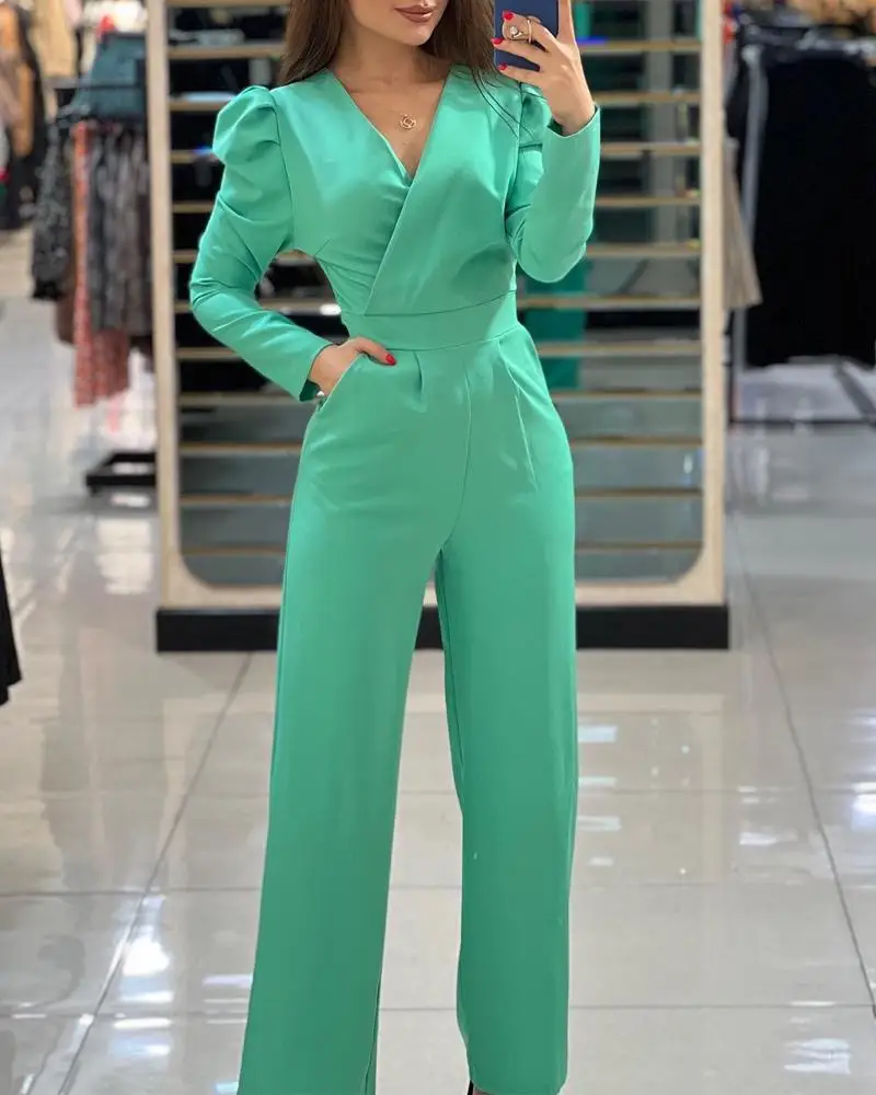 

Puff Sleeve Surplice Neck Jumpsuit Women Solid Color High Waist Overall Pants Jumpsuits Ankle Length Fashion