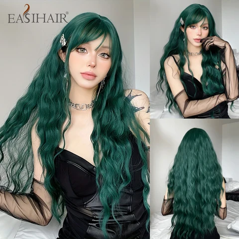 Heleroheline pikad lainelised sünteetilised parukad tukkidega mustjas roheline cosplay parukas naistele lolita parukas kuumuskindel looduslikud juuksed
