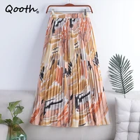 qooth spring summer women high floral printed skirts women elegant midi length a line skirt with big swing qt1810