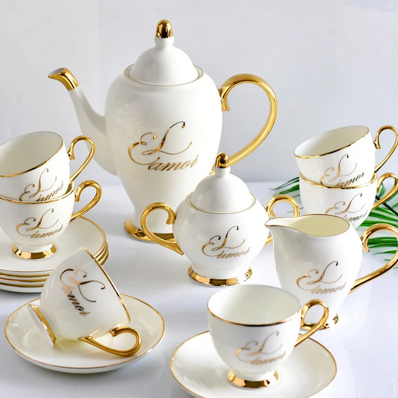 

Fashion Gold Inlay Bone China Tea Set Europe Porcelain TeaSet Coffee Pot Creamer Sugar Bowl Teapot Coffee Cup Tea Mug Coffeeware