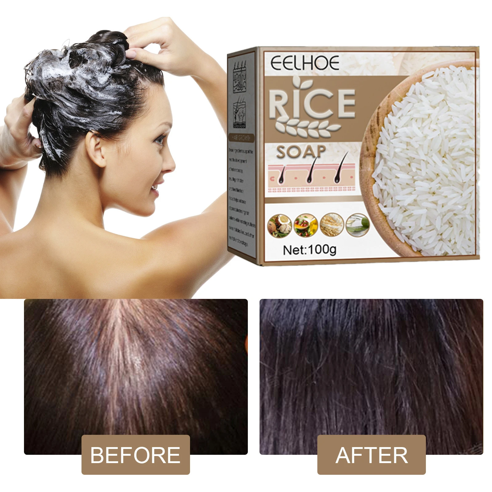 

Handmade Rice Soap Natural Organic Conditioner Repair Damage Nourish Scalp Hair Shampoo Soap Hair Loss Prevention Hair Care