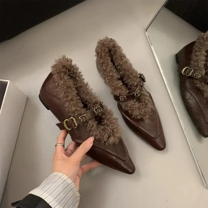 AJGS Женская обувь на меху с острым носком и туфлями увеличенной высоты для женщин