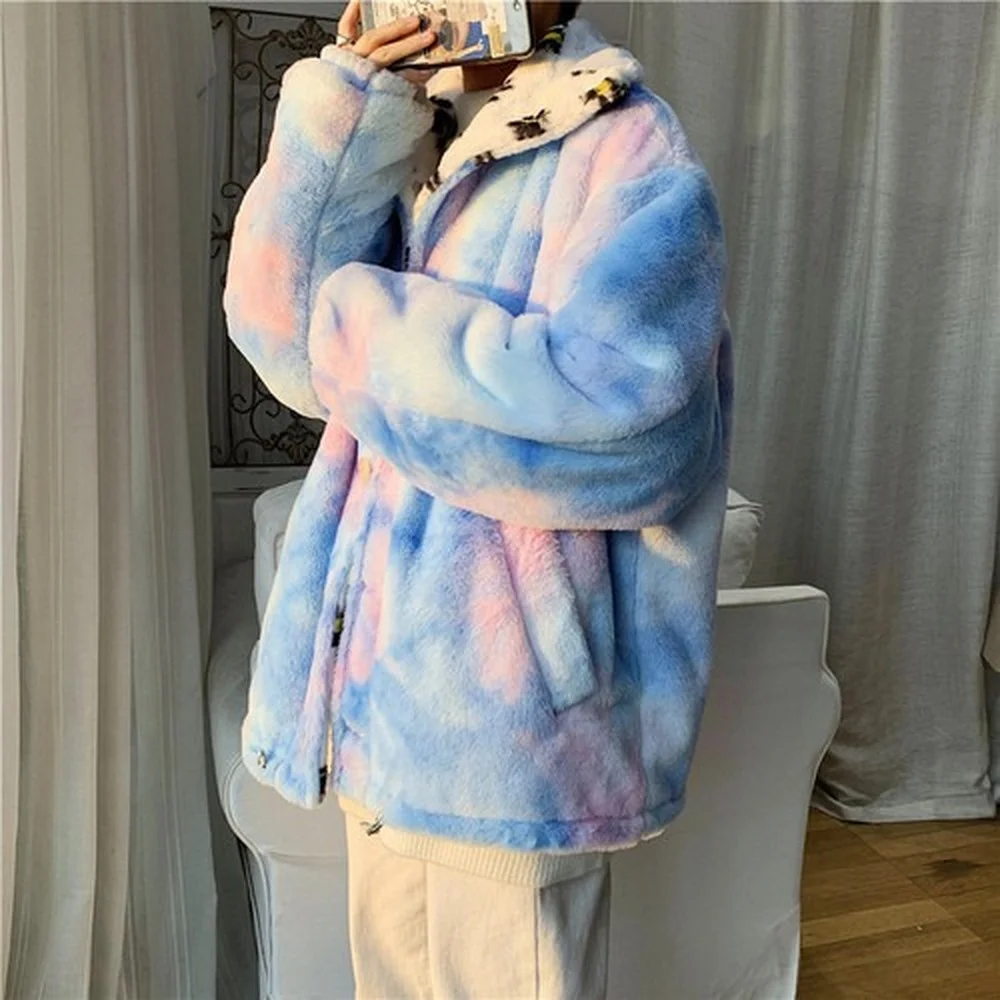 Rainbow Jacket Double-sided Wear for Men / Women Couples Printed Windmill Winter Flowers Lambs Wool Jacket Gradient Youth Jacket