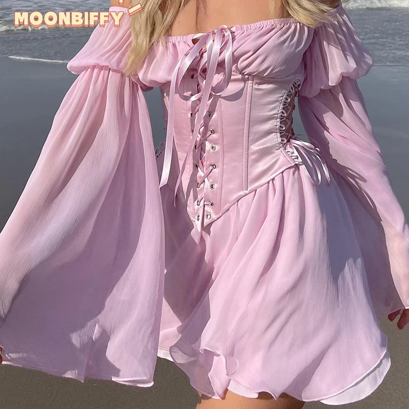 

2022 Beach Style Vintage Chiffon Dress with Corset Bandage Hollow Out Bustier Prairie Chic Flare Sleeve Dresses 2 Pieces Set