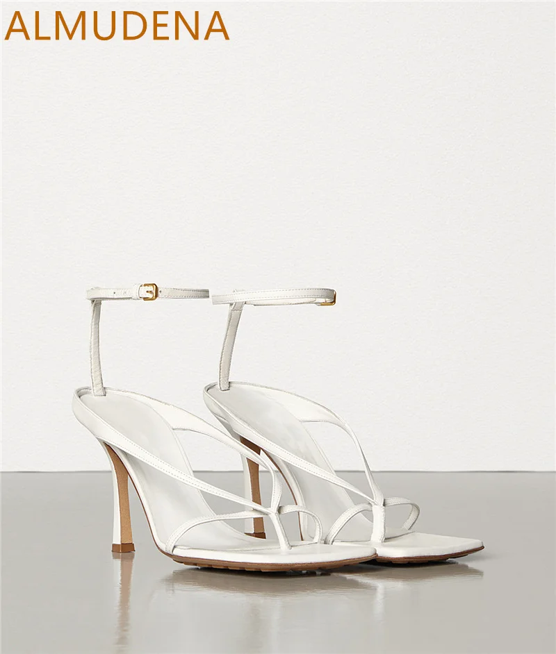 Square Toe Thin Heel Narrow Band Women Sandals Solid Sheepskin Super High Heel Flip-flops Buckle Strap Shoes Modern Dress Sandal