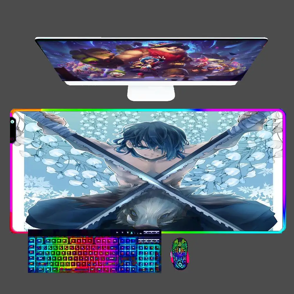 Demon Slayer LED Mouse Pad Gaming Accessories PC Computer Keyboard Gamer RGB Desk Mat Alfombrilla Xxl Anti-skid Mousepad for LOL