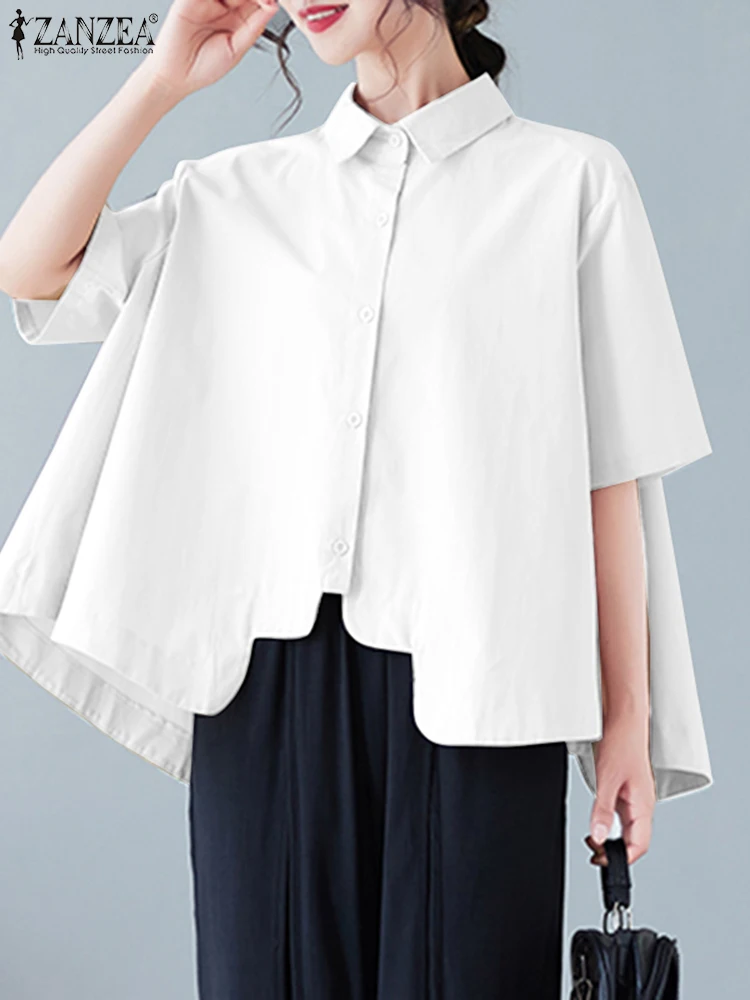 

Женские летние топы ZANZEA 2023, модная рубашка с асимметричным подолом, богемная футболка, Повседневная Туника с отделкой под ноутбук, Женские однотонные рубашки