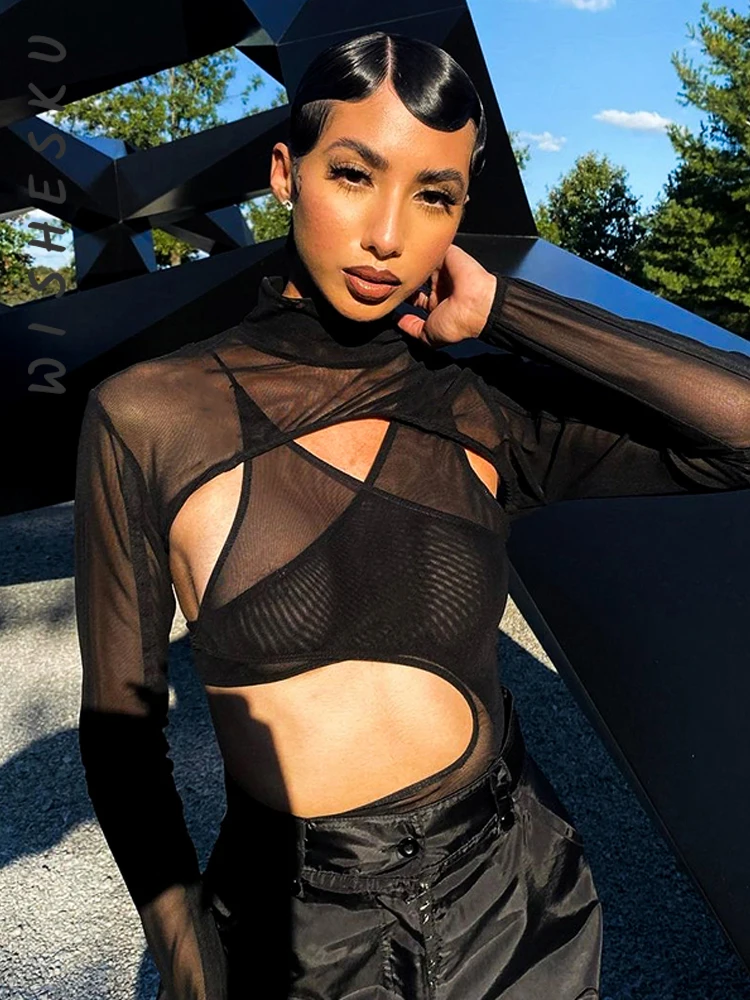 

Соблазнительные сетчатые Лоскутные прозрачные облегающие боди, женские комбинезоны с круглым вырезом и длинным рукавом, цельные комбинезо...