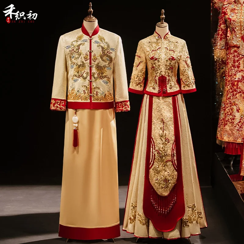 Men Gold Traditional Chinese Style Bride Wedding Dresses Exquisite Sequins Phoenix Cheongsam Robe китайская одежда