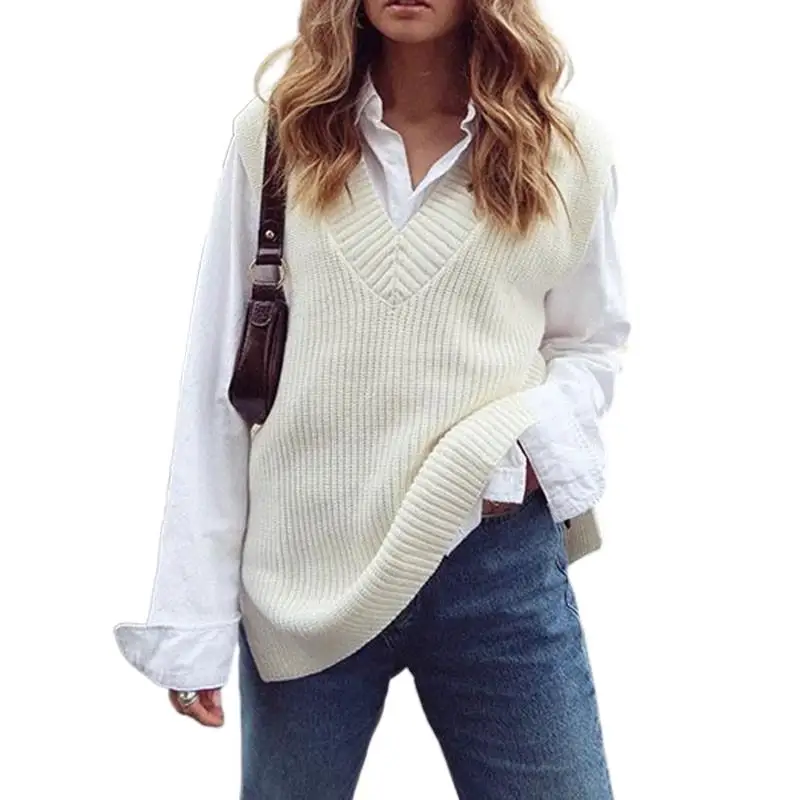 

V Leader White Knit Autumn/winter Women Sweater Vest Casual Loose Coat Solid Sweater Prep Style Vest