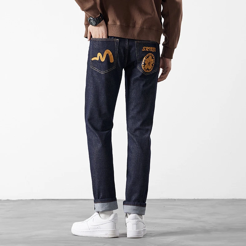 EH·MD® Golden Wave Embroidery Jeans Men's Four Season Reflective High Quality Black High Street Fashion Zipper Slim New Red Ear