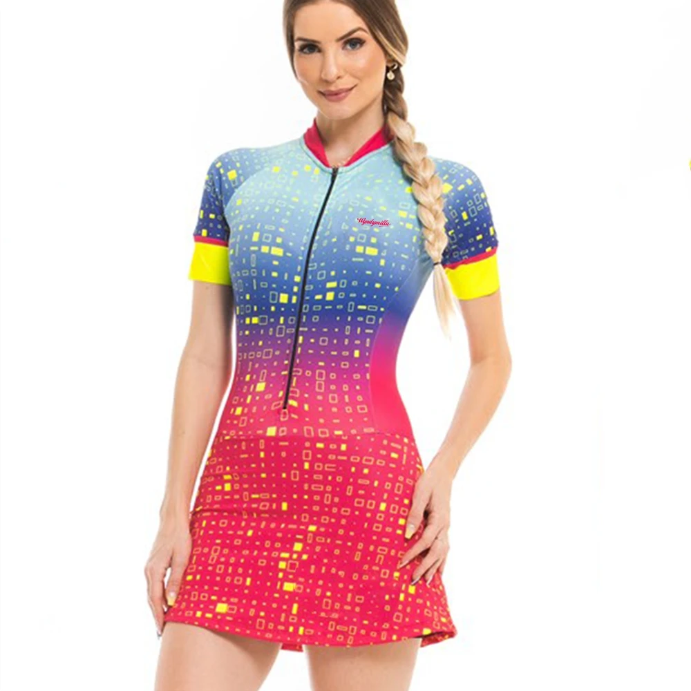 

Women Skinsuit Macaquinho Saia Short Sleeve Mtb Bike Skirt Ciclismo Feminino Saia Bike Flor Triathlon Cycling Jersey Skirt Dress