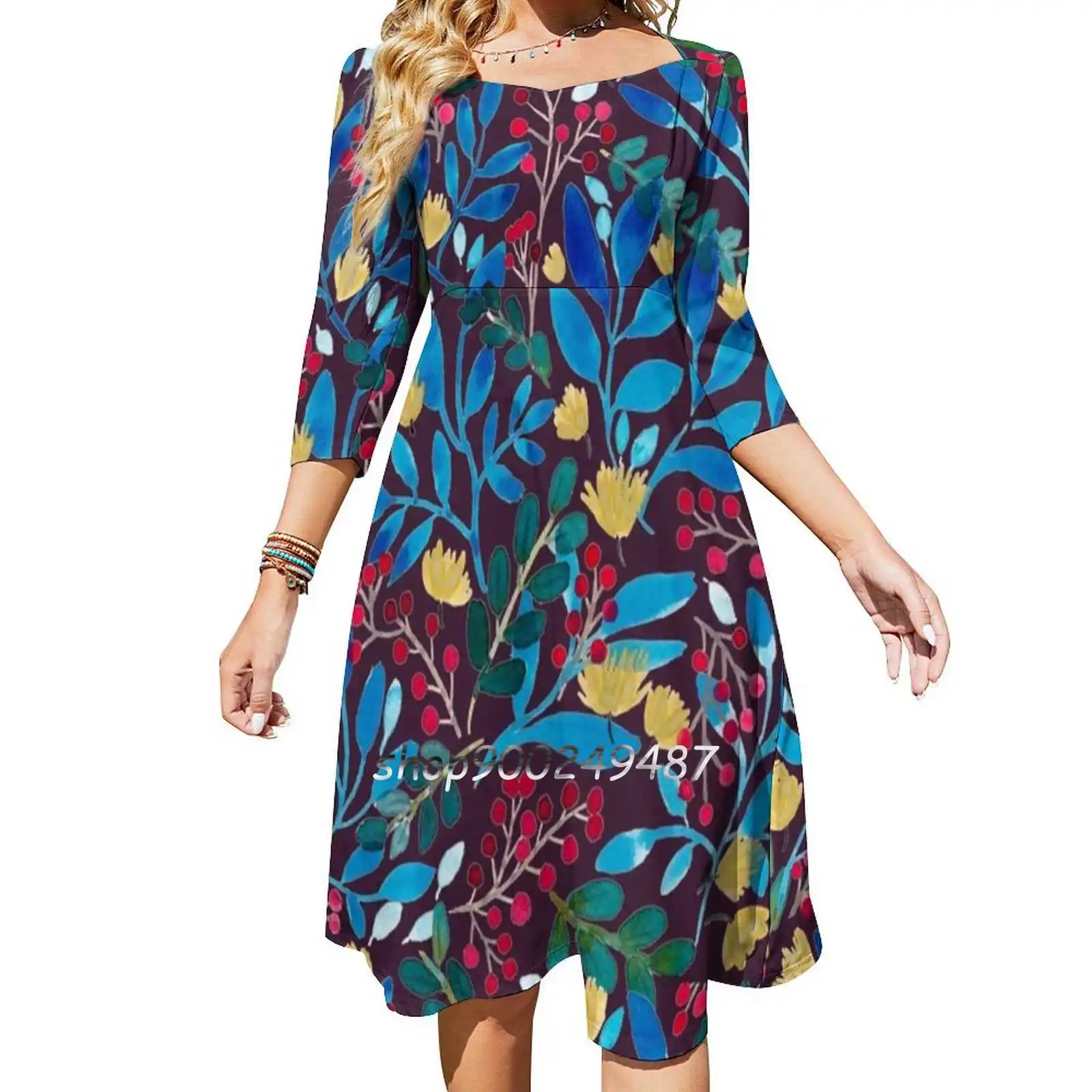 

Autumnal Colors Sweet Elegant Dress Women Korean Kawaii Square Collar Dress Gouache Floral Floral Pattern Flowers Flower Nature