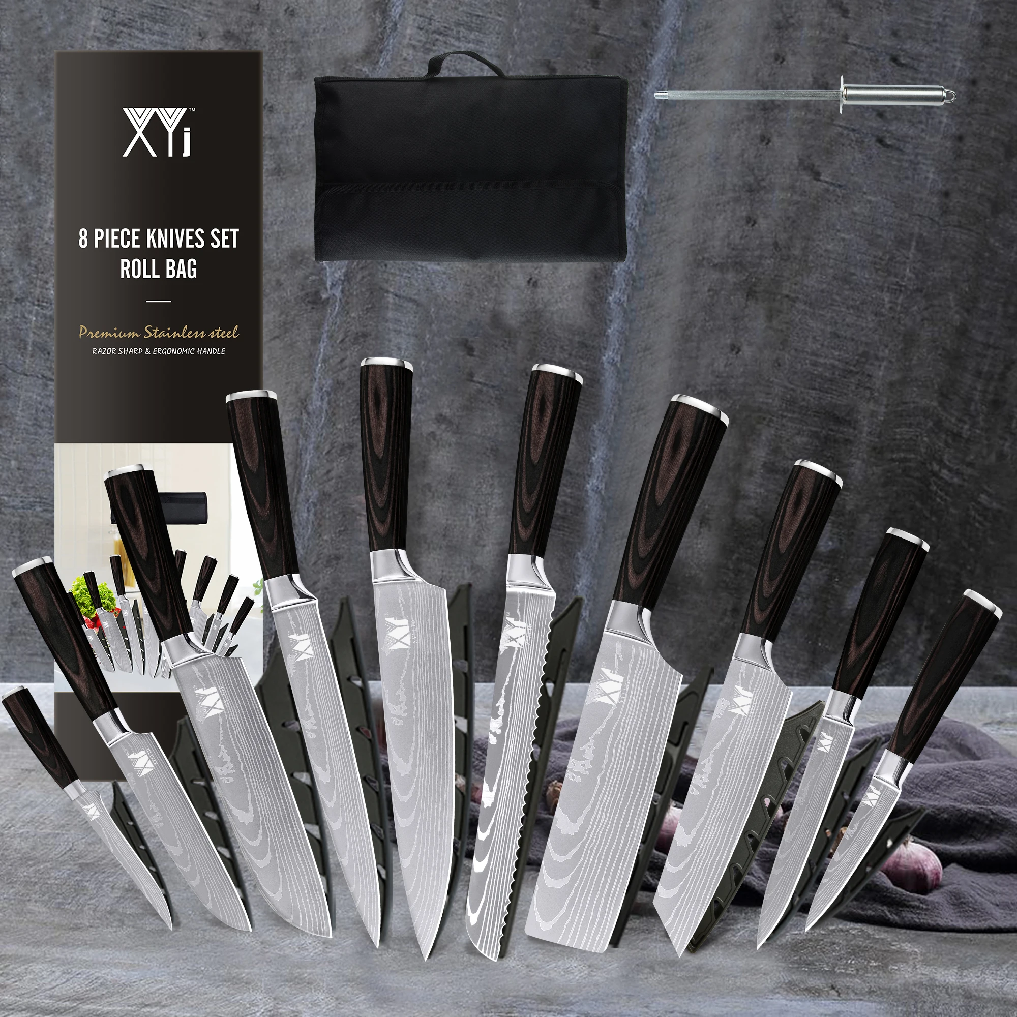 

XYj 10pcs Knives Kit With Roll Bag Kitchen Tool Sharpening Bar Stainless Steel Chef Knife Set Damascus Pattern Knife Wood Handle
