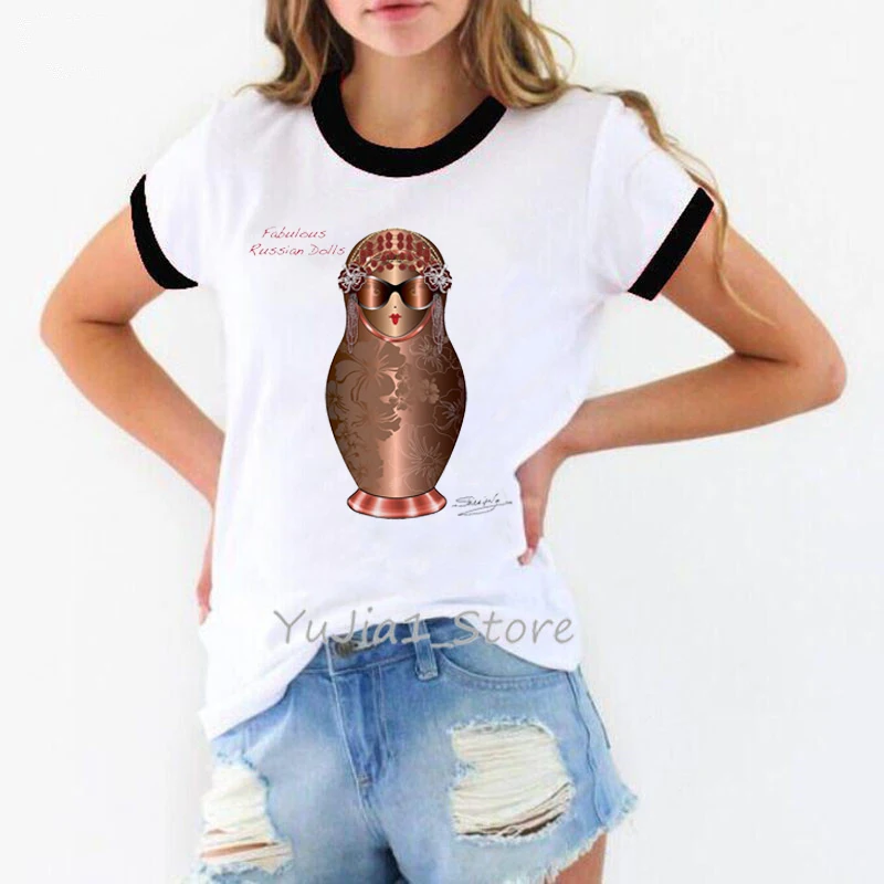 

Винтажная футболка, женская одежда, забавная футболка с русской куклой, женская футболка с жемчугом, Женская кавайная одежда в стиле Харадз...