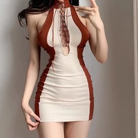 aesthetic chest hollow strap dresses woman sexy summer 2021 fashion contrast patchwork dress short virtual party mini bodycon