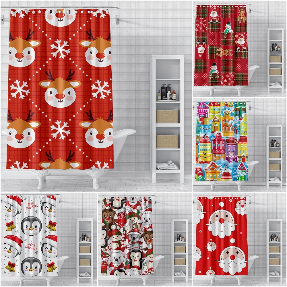 

Cortina de ducha de Papá Noel y ciervo para baño, cortina impermeable de Feliz Navidad para decoración del hogar