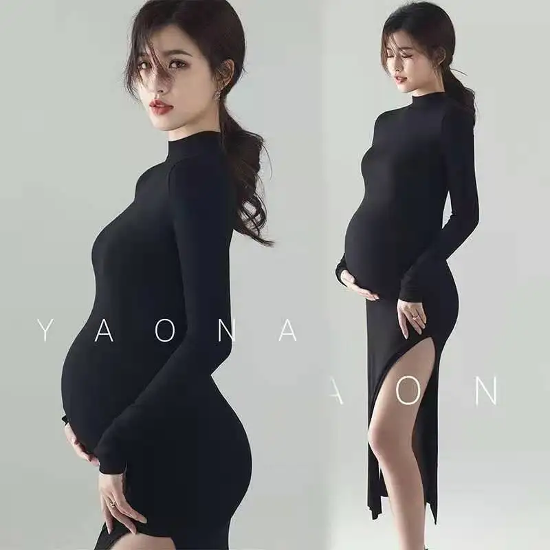 

Тонкие платья для беременных элегантное раздельное трикотажное черное платье для беременных студийная фотосессия одежда для фотографий реквизит для женщин