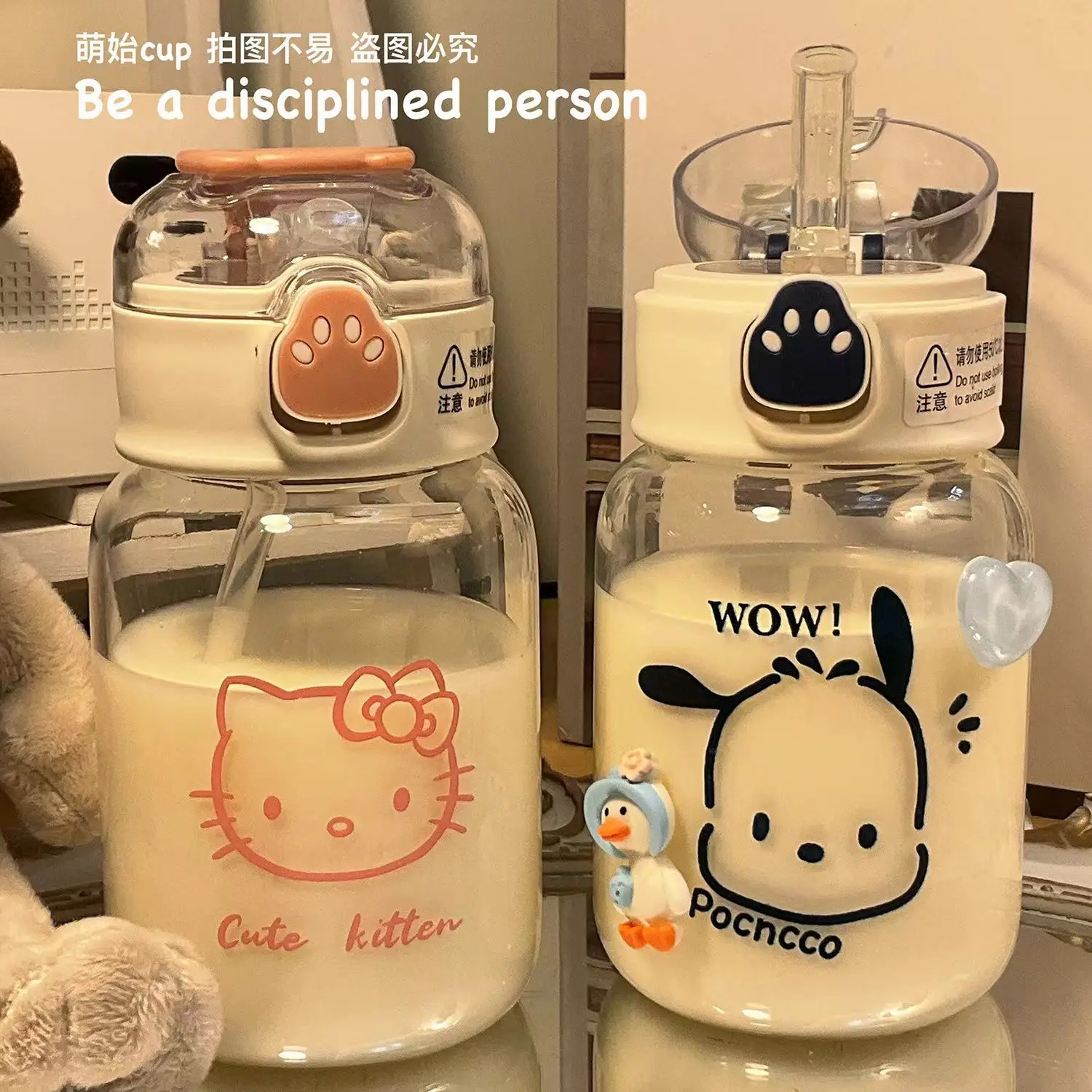 

400ML Sanrio Hello Kitty Pochacco Water Bottle Anime Kuromi Cinnamoroll Transparent Straw Water Bottle Diy Sticker Plastic Cups