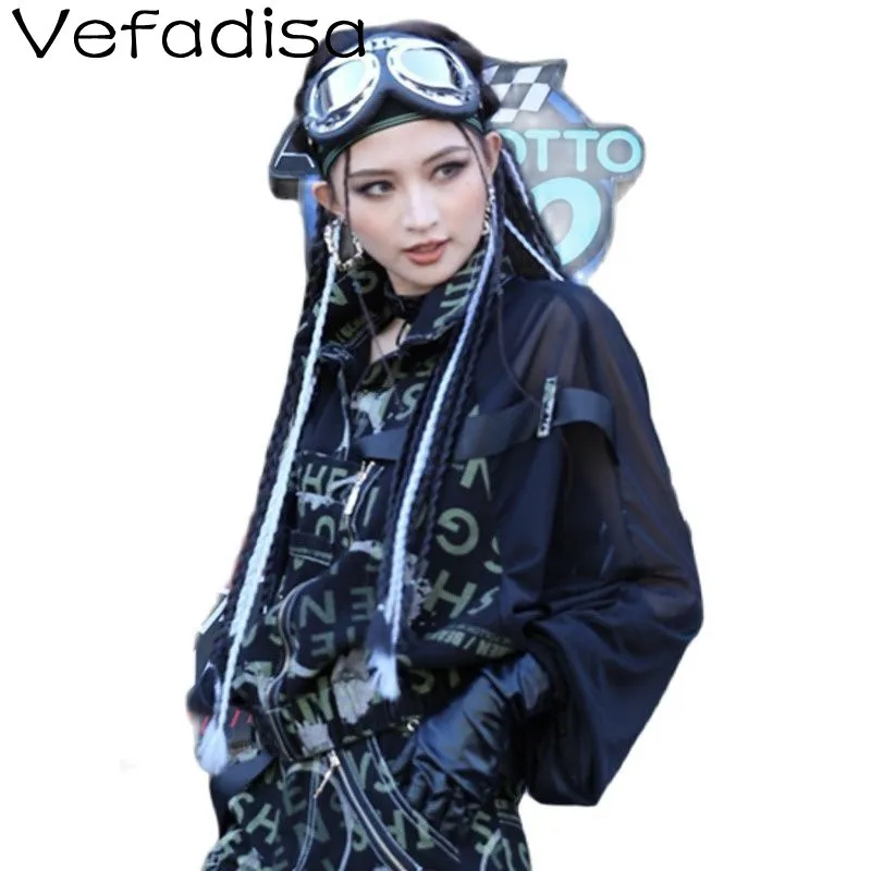 

Vefadisa Street Style Mesh Panel Camouflage Letter Print Long Sleeve T-Shirt 2022 Spring New Loose Lapel T-shirt Women TT1222