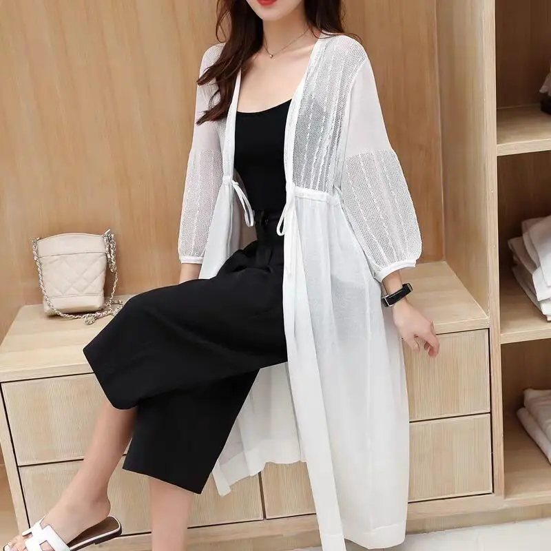 

Silk Knitted Long Cardigan Summer Women Outerwear Sun Protection Clothing Thin Top Long Sleeve Coat Fashion Blouse Female E87