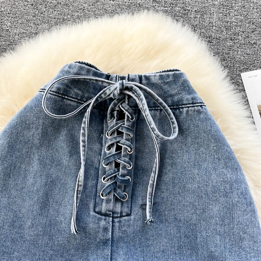 Fashion Women Shorts High Waist Denim Lace Up Faux Feather Half Pants 2023 Spring Summer New Female Sexy Clucwear Trousers шорты