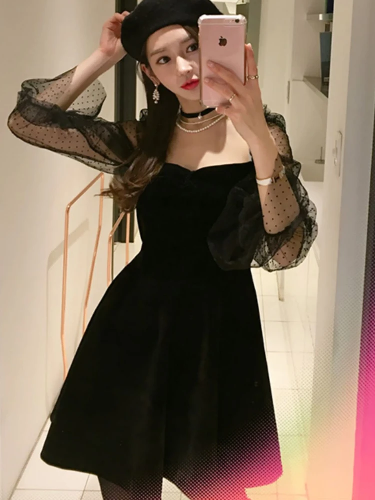 Мини-платья женские винтажные с квадратным воротником в горошек сетчатые