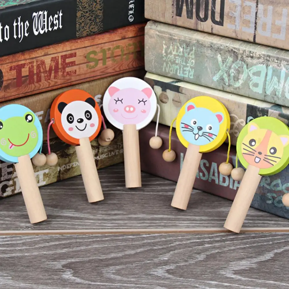 Cartoon Animal Wooden Handheld Musical Rattle Drum Shaker Education Baby Toy