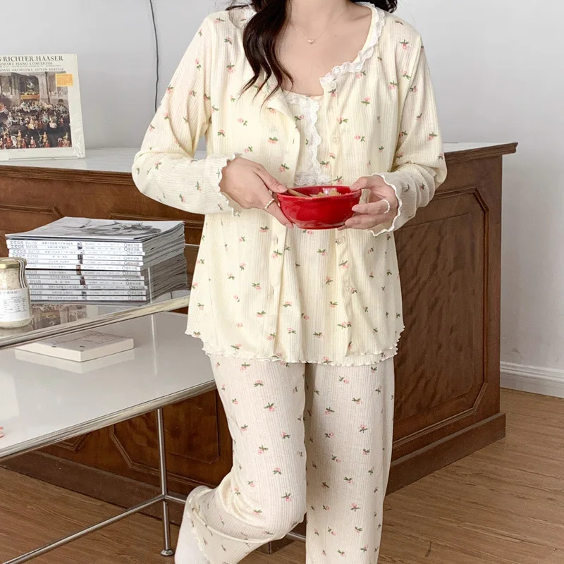 

3 шт., женские пижамы с длинным рукавом и цветочным принтом