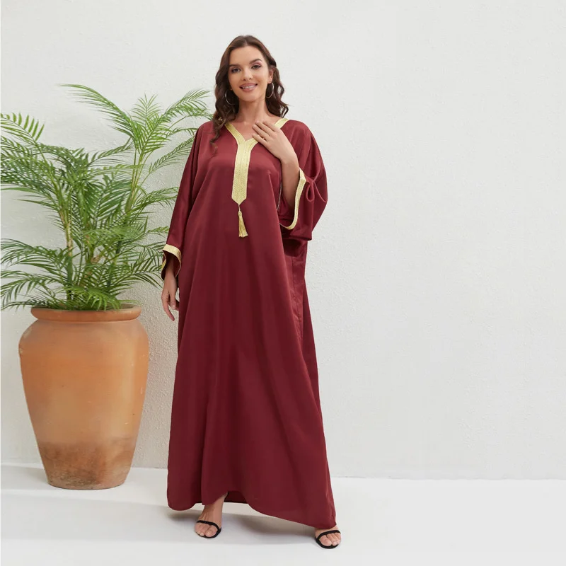Abaya for Women Dubai Muslin Islam Women Robe with Bat Sleeves Loose Large Long Dress V-Neck Template Robe Dress New Style