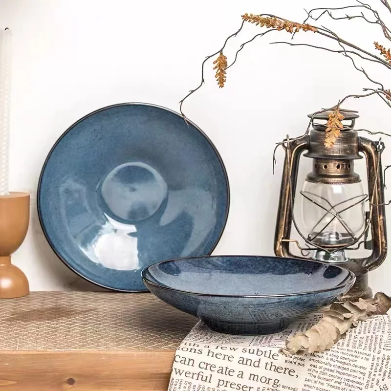 

Open Hat Blue Ceramic Bowl Literature And Art Old Simple Wind Manual Edge Tracing Household Large Capacity Tableware посуда