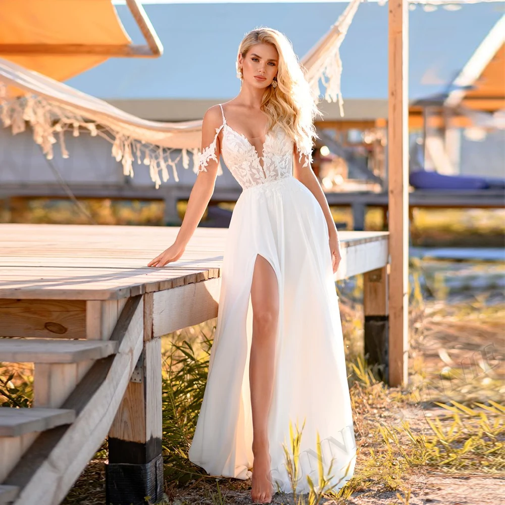 

Deep V-neck Off the Shoulder Wedding Dress For Women 2023 Bride Chiffon Sexy Slit Spaghetti Strap Custom Made Vestidos De Novia