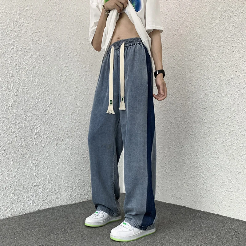 

Summer New Men's Jeans Fashion Loose Straight Casual Jean Pants Patchwork Pockets Cowboy Mens Streetwear Vintage Trousers