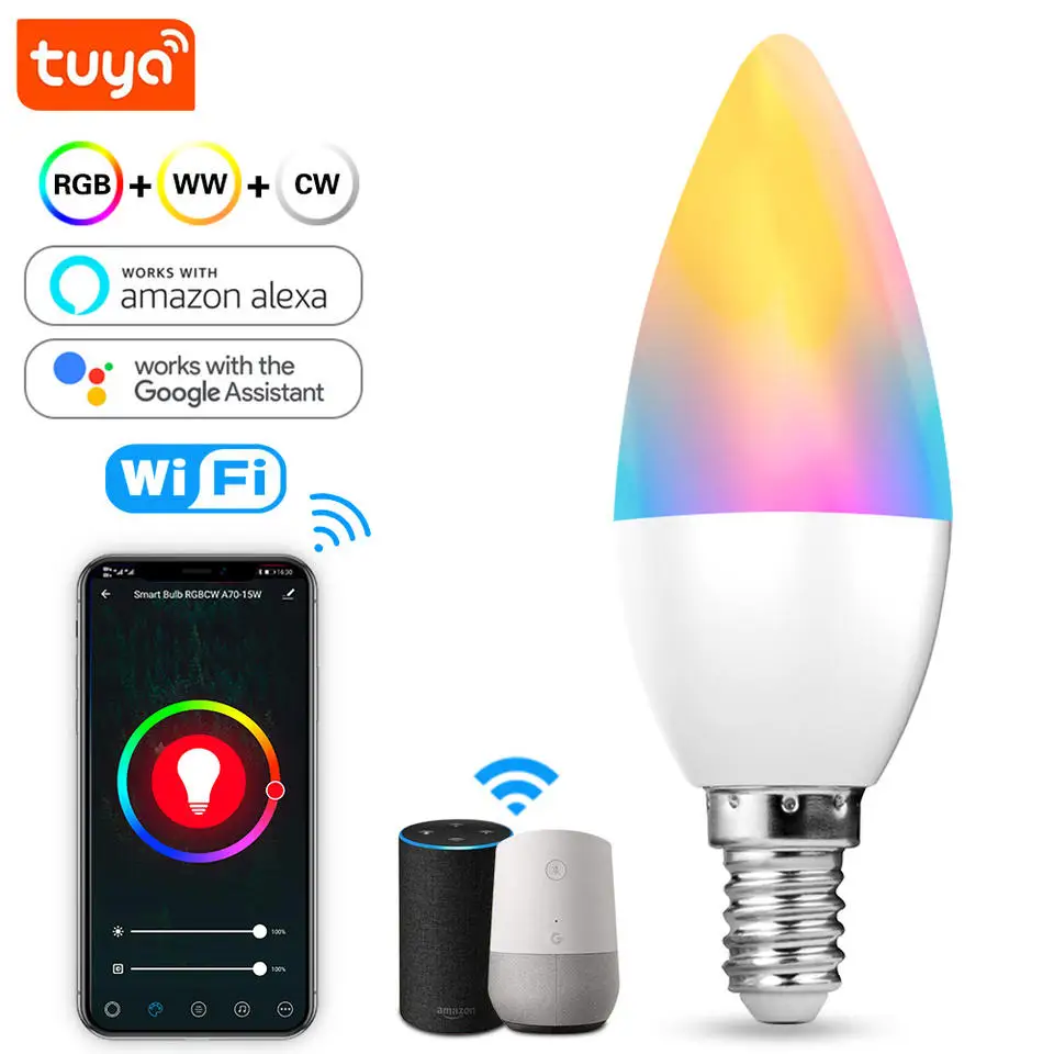 

Умная лампочка Tuya, 5 Вт, лампочка-свеча с Wi-Fi, умная лампочка, цветная лампа-свеча, RGB, внутреннее светодиодное освещение